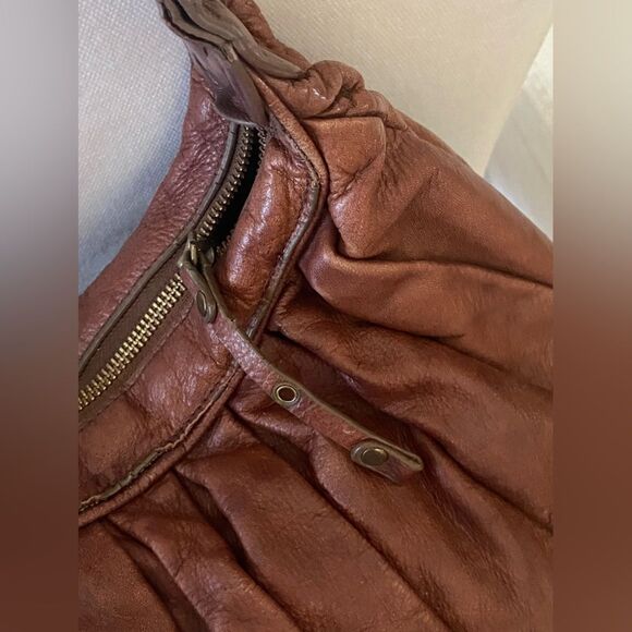 Sabina New York - Large Brown Plated Slouchy Boho Shoulder Leather Bag Coquillle - Picture 6 of 11